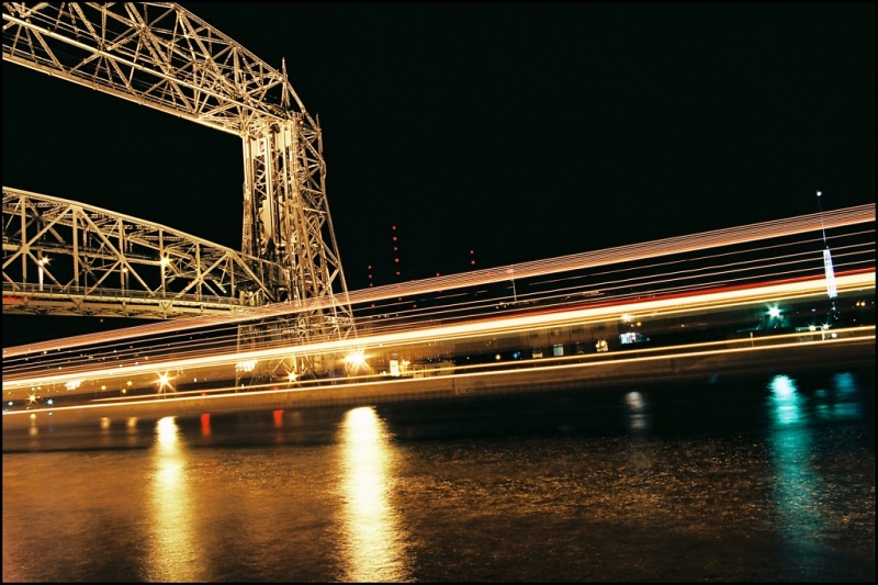 Ship lights under the Arial Lift Bridge